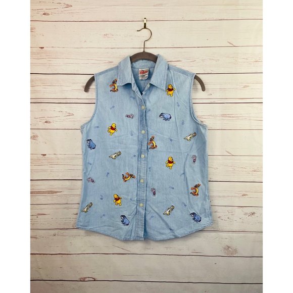 Vintage Disney Embroidered Winnie The Pooh Denim Sleeveless Shirt Medium - Picture 1 of 4